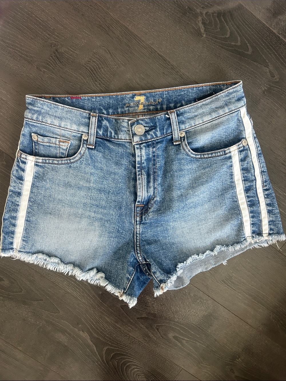 7 For All Mankind Side Stripe Raw Hem Denim Shorts